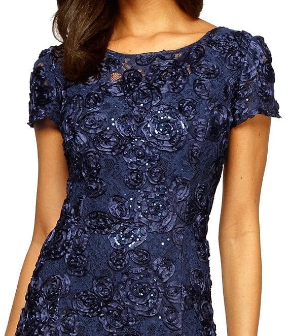 Alex Evenings - Rosette Lace Sequin Short Sleeve A-Line Gown 212788 - 1 Pc Navy In Size 12P Available Formal Gowns 5 Alex Evenings - Rosette Lace Sequin Short Sleeve A-Line Gown 212788 - 1 Pc Navy In Size 12P Available Formal Gowns