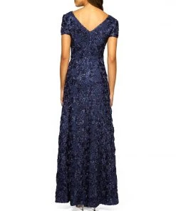 Alex Evenings - Rosette Lace Sequin Short Sleeve A-Line Gown 212788 - 1 Pc Navy In Size 12P Available Formal Gowns 6 Alex Evenings - Rosette Lace Sequin Short Sleeve A-Line Gown 212788 - 1 Pc Navy In Size 12P Available Formal Gowns