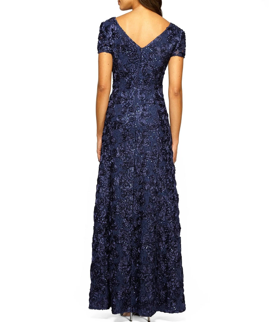 Alex Evenings - Rosette Lace Sequin Short Sleeve A-Line Gown 212788 - 1 Pc Navy In Size 12P Available Formal Gowns 4 Alex Evenings - Rosette Lace Sequin Short Sleeve A-Line Gown 212788 - 1 Pc Navy In Size 12P Available Formal Gowns