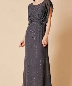 Alexander By Daymor Beaded Scoop Neck Blouson Long Dress 665 - 1 Pc Graphite In Size 14 Available Formal Gowns