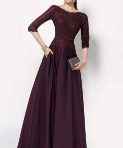 Alyce Paris - 27099 Quarter Sleeved Bateau Neckline Crepe Lace A-Line Dress