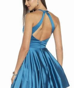 Cocktail Dresses Alyce Paris - 3882 Plunging Halter Short Satin Dress