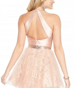 Alyce Paris - 4194 Two-Piece Silk Halter Croptop Glitter Tulle Cocktail Dress - 1 Pc Rosegold In Size 0 Available Cocktail Dresses