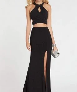 Formal Gowns Alyce Paris - 60284 Two Piece Halter Top Sheath Evening Dress With Slit - 1 Pc Black Plum In Size 8 Available