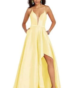Formal Gowns Alyce Paris - 60394 Sheer Plunging Neck Strappy Back High-Low Taffeta Gown - 1 Pc Yellow In Size 10 Available
