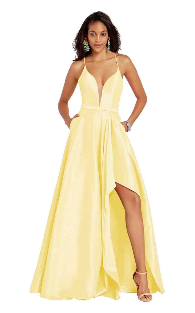 Formal Gowns Alyce Paris - 60394 Sheer Plunging Neck Strappy Back High-Low Taffeta Gown - 1 Pc Yellow In Size 10 Available 3 Formal Gowns Alyce Paris - 60394 Sheer Plunging Neck Strappy Back High-Low Taffeta Gown - 1 Pc Yellow In Size 10 Available