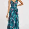 Alyce Paris - 60447 Floral Printed Plunging Vneck Chiffon A-line Dress