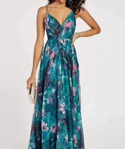 Alyce Paris - 60447 Floral Printed Plunging Vneck Chiffon A-line Dress