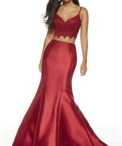 Alyce Paris - 60633 Two-Piece Lace Croptop Silk Mikado Mermaid Gown - 1 Pc Emerald In Size 4 And 1 Pc Wine In Size 0 Available Formal Gowns
