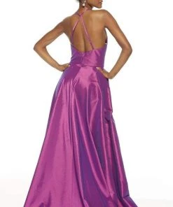 Alyce Paris - 60713 Halter Neck Mid-Open Back Shimmer High Low Gown - 1 Pc Navy In Size 4 Available