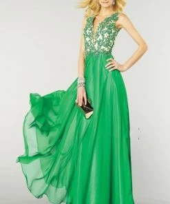 Alyce Paris - 6418 Sleeveless Applique Plunging Gown In Emerald/ Nude Formal Gowns