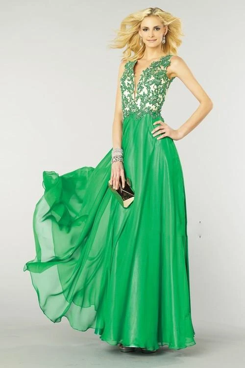 Alyce Paris - 6418 Sleeveless Applique Plunging Gown In Emerald/ Nude Formal Gowns 3 Alyce Paris - 6418 Sleeveless Applique Plunging Gown In Emerald/ Nude Formal Gowns