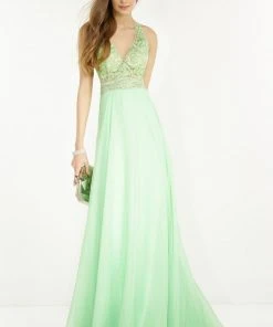 Formal Gowns Alyce Paris - 6566 Bead Embroidered Halter V-neck Chiffon Dress