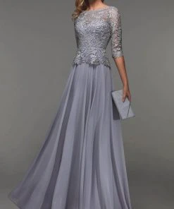 Alyce Paris - Appliqued Peplum Evening Dress 27470 - 1 Pc Silver In Size 8 Available