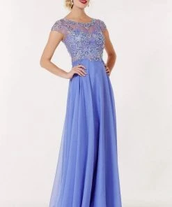 Alyce Paris - Beaded Lace Illusion Bateau Evening Gown 29655 - 1 Pcs Blue Iris In Sizes 4 Available Formal Gowns