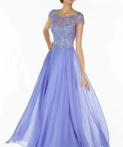 Alyce Paris - Beaded Lace Illusion Bateau Evening Gown 29655 - 1 Pcs Blue Iris In Sizes 4 Available Formal Gowns