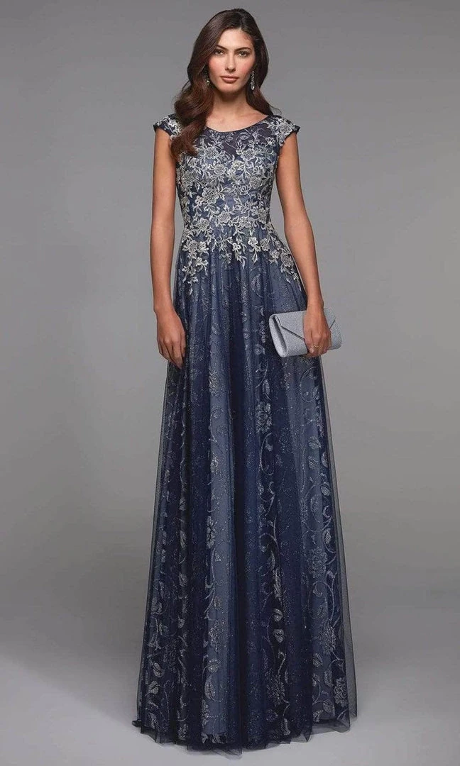 Alyce Paris - Cap Sleeve Floral Glitter Evening Dress 27487 - 1 Pc Navy-Pewter In Size 18 Available Formal Gowns 3 Alyce Paris - Cap Sleeve Floral Glitter Evening Dress 27487 - 1 Pc Navy-Pewter In Size 18 Available Formal Gowns