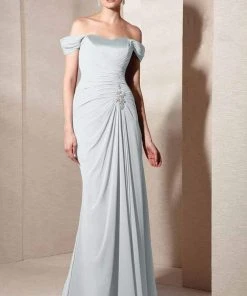 Alyce Paris - Draped Off Shoulder Gown 29300 - 2 Pcs Rose Taupe And Espresso Brown In Size 10 Available