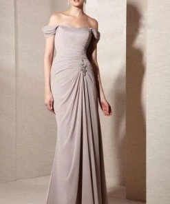 Alyce Paris - Draped Off Shoulder Gown 29300 - 2 Pcs Rose Taupe And Espresso Brown In Size 10 Available