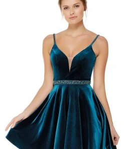 Alyce Paris Embellished Deep V-neck Velvet A-line Dress 4008 - 1 Pc Forest Green In Size 00 Available Cocktail Dresses