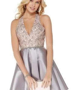 Cocktail Dresses Alyce Paris - Lace Plunging Halter A-Line Cocktail Dress 3797 - 1 Pc Diamond White/Nude In Size 4 Available