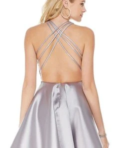Cocktail Dresses Alyce Paris - Lace Plunging Halter A-Line Cocktail Dress 3797 - 1 Pc Diamond White/Nude In Size 4 Available
