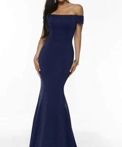 Alyce Paris - Off Shoulder Jersey Mermaid Evening Gown 60294 - 2 Pcs Navy In Size 4 And 10 And 1 Pc Black In Size 8 Available Formal Gowns