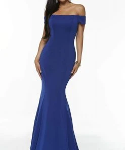 Alyce Paris - Off Shoulder Jersey Mermaid Evening Gown 60294 - 2 Pcs Navy In Size 4 And 10 And 1 Pc Black In Size 8 Available Formal Gowns