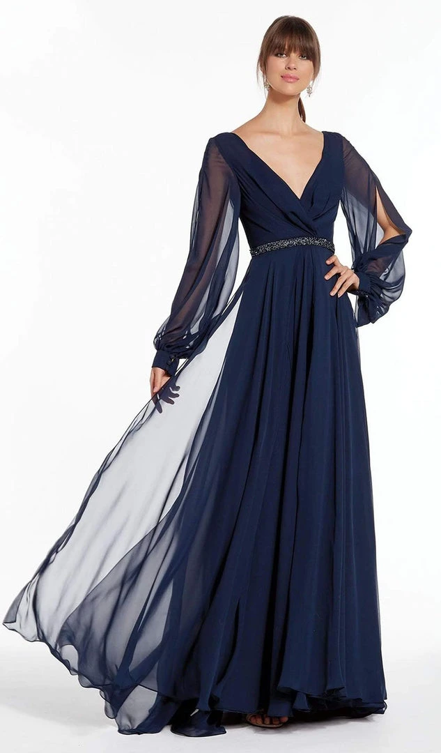 Alyce Paris - Sheer Long Sleeve V-Neck Chiffon Gown 27295 3 Alyce Paris - Sheer Long Sleeve V-Neck Chiffon Gown 27295
