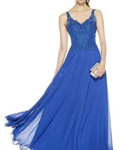 Alyce Paris - Sleeveless Embellished Bodice Chiffon A-Line Gown 27395 - 1 Pc Sapphire In Size 22 Available