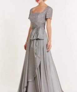 Formal Gowns Alyce Paris - Square Neck Lace And Chiffon Gown 29264 - 1 Pc Size 18 In Champagne And 1 Pc Size 18 In Mercury Color Available