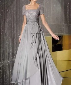 Formal Gowns Alyce Paris - Square Neck Lace And Chiffon Gown 29264 - 1 Pc Size 18 In Champagne And 1 Pc Size 18 In Mercury Color Available