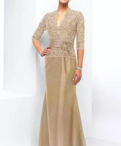 Alyce Paris - V Neckline Lace Top Shantung Sheath Evening Gown 29143 Formal Gowns