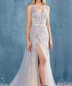 Andrea And Leo - A0817 Applique High Slit Trumpet Dress