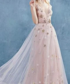 Formal Gowns Andrea And Leo - A0827 Plunging V Neck A-Line Gown With Slit