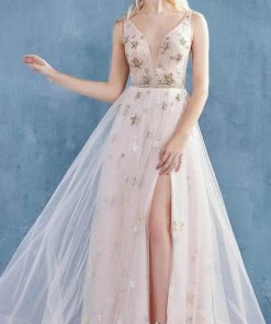 Formal Gowns Andrea And Leo - A0827 Plunging V Neck A-Line Gown With Slit