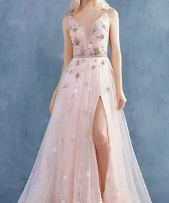 Formal Gowns Andrea And Leo - A0827 Plunging V Neck A-Line Gown With Slit