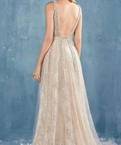 Andrea And Leo - A0966 V Neck Beaded Fit And Flare Dress Formal Gowns