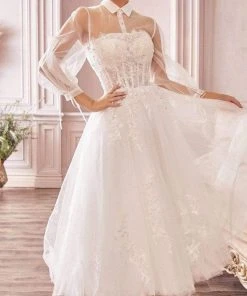 Cocktail Dresses Andrea And Leo - A1016 Collared Illusion Neckline Cocktail Length Bridal Dress - 1 Pc Off White In Size 16 Available