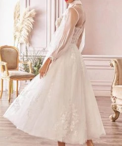 Cocktail Dresses Andrea And Leo - A1016 Collared Illusion Neckline Cocktail Length Bridal Dress - 1 Pc Off White In Size 16 Available