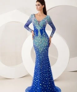 Formal Gowns Angela & Alison - 21095 Long Sleeve Plunging Bejeweled Gown 18 Formal Gowns Angela & Alison - 21095 Long Sleeve Plunging Bejeweled Gown