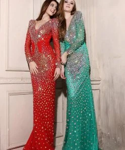 Formal Gowns Angela & Alison - 21095 Long Sleeve Plunging Bejeweled Gown 14 Formal Gowns Angela & Alison - 21095 Long Sleeve Plunging Bejeweled Gown