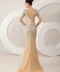 Formal Gowns Angela & Alison - 21095 Long Sleeve Plunging Bejeweled Gown 16 Formal Gowns Angela & Alison - 21095 Long Sleeve Plunging Bejeweled Gown
