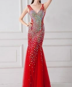 Angela & Alison - 41012 Shimmering Ornate V-Neck Trumpet Gown Formal Gowns