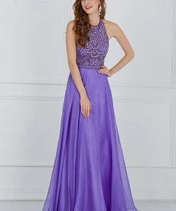 Formal Gowns Angela & Alison - 61009 Floral Beaded High Halter Tulle Gown