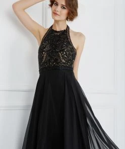 Formal Gowns Angela & Alison - 61009 Floral Beaded High Halter Tulle Gown