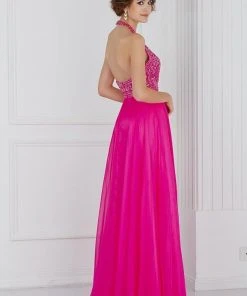 Formal Gowns Angela & Alison - 61009 Floral Beaded High Halter Tulle Gown