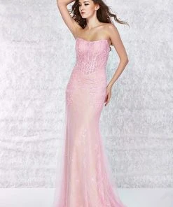 Angela & Alison - 61069 Strapless Corset Boned Illusion Lace Gown Formal Gowns