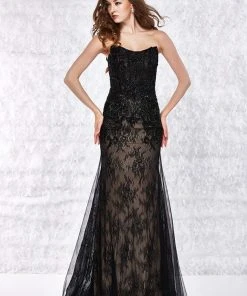 Angela & Alison - 61069 Strapless Corset Boned Illusion Lace Gown Formal Gowns