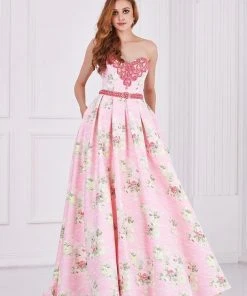 Angela & Alison - 61105 Embellished Strapless Floral Ballgown Formal Gowns